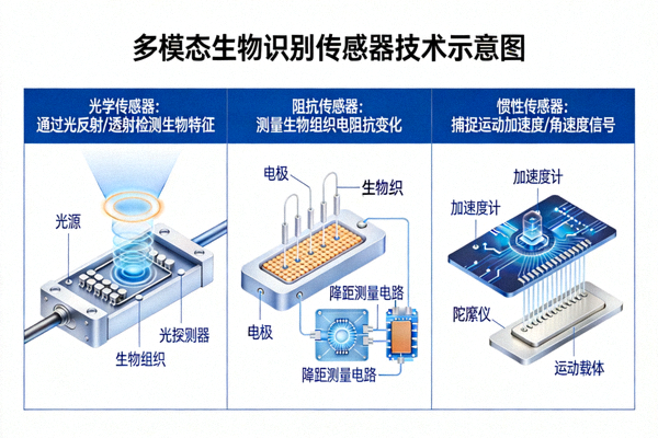 多模态生物识别传感器技术示意图 - 展示光学、阻抗、惯性等多种传感器工作原理