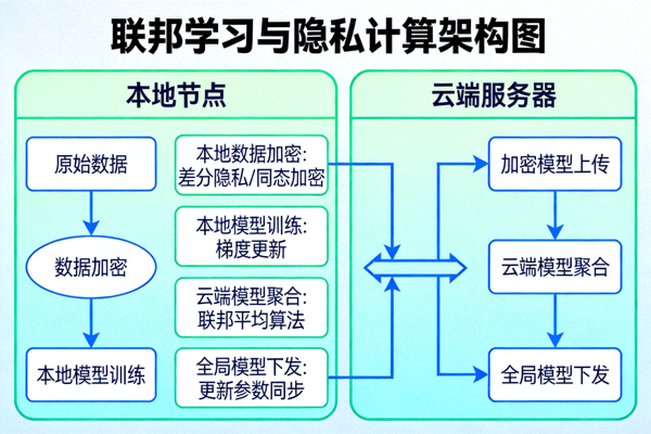 联邦学习与隐私计算架构图 - 展示数据在本地加密训练、云端聚合模型的流程