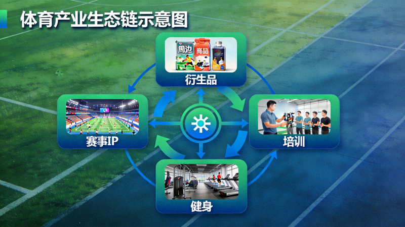 体育产业生态链示意图 - 展示赛事IP、衍生品、培训、健身等环节